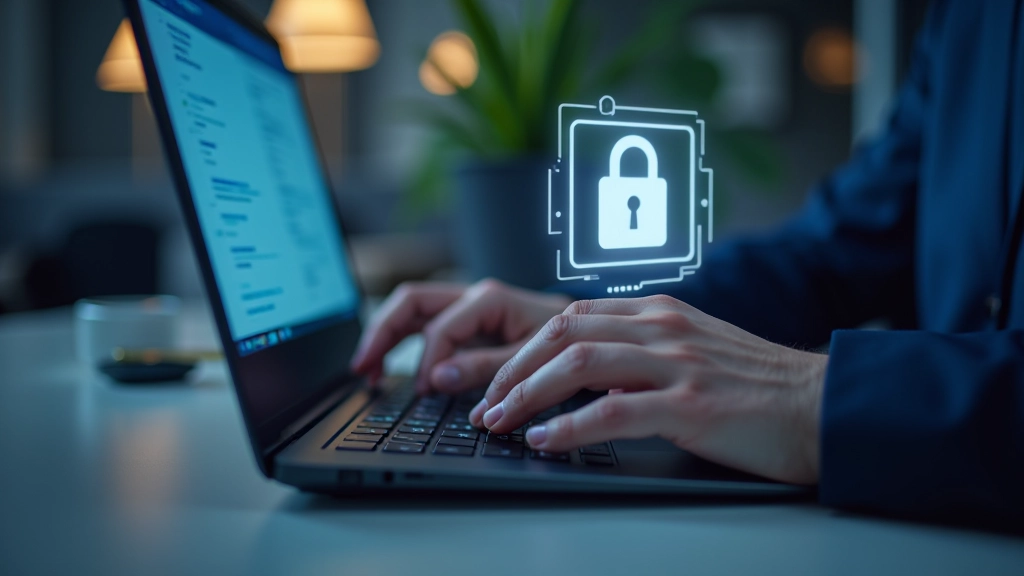 Hands typing on keyboard with security padlock symbol visible