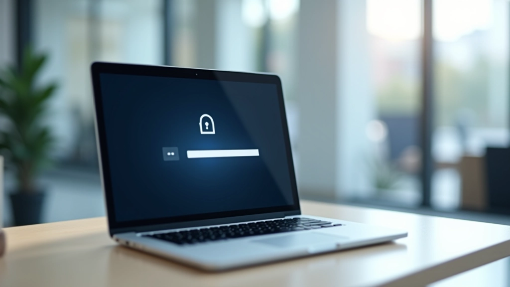 Laptop-Bildschirm mit Passwort-Eingabefeld und grünem Sicherheitssymbol