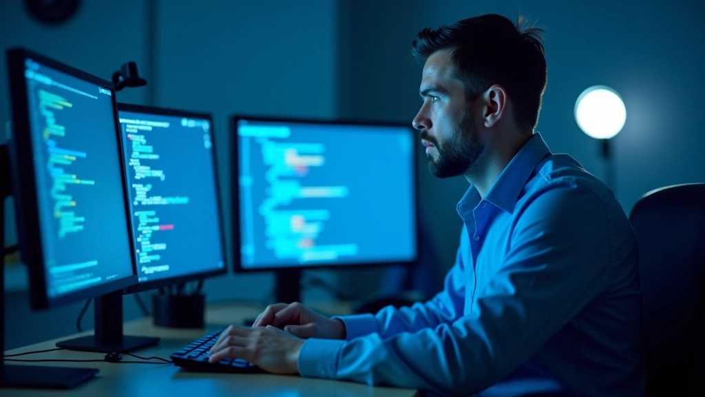 IT-Fachmann arbeitet an Sicherheitsupdate auf mehreren Bildschirmen in technischem Kontrollzentrum